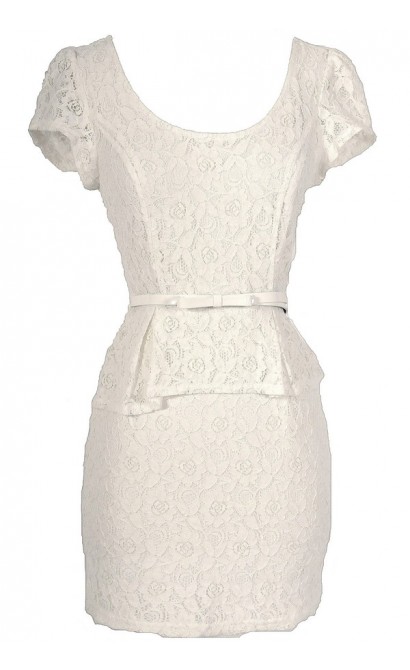 High Society Ivory Bow Belted Peplum Lace Dress